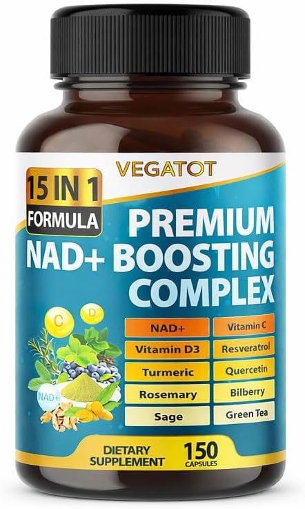VEGATOT NAD+ Boosting Complex - NAD Supplements for Women & Men 15-in-1 Formula with Resveratrol Turmeric Quercetin Rosemary Bilberry Sage Green Tea