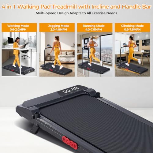 Image of KASSADIN Walking Pad with Handles, Electric Treadmill for Home with Incline, Portable Mini Walking Pad Treadmill with Handle Bar, Small Under Desk Treadmill with Handles, 3.0HP, 0.6-7.6MPH, 350LBS