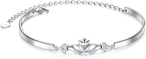 FLYOW Pulsera ajustable de plata de ley 925 de Irlanda de Claddagh celta de buena suerte, regalos irlandeses para mujeres, regalos de cumpleaños