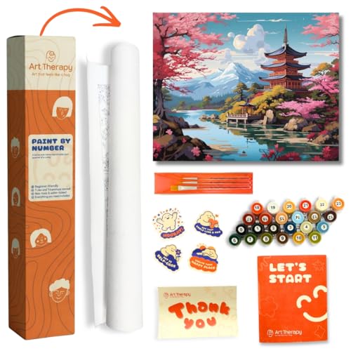 Image of Art Therapy Pcn24 Linen Canvas DIY Paint by Numbers Kit 15 x 20 Inch for with 2 Set of Acrylic Oil Painting Color Set with Brushes for Stress Relief & Home Decoration (Stillness of Sakura)