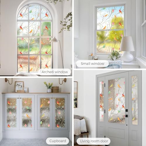 Image of WOO Home Frosted Glass Window Film & Stickers (12 X 84 Inchs) Privacy Window Cover for Home & Office - Easy Apply, UV Protection, Removable Decorative Film (Multi Colour Bird 1 X 7 SQFT)