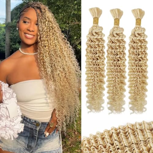 613 Blonde Human Braiding Hair Deep Water Wave Bulk Human Hair 100g 18 Inch Curly Human Hair for Boho Braids Hair Extensions No Weft 3 Braids Per Pack