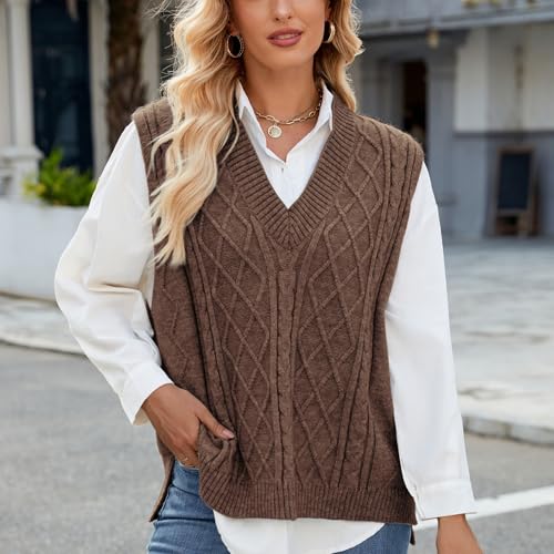 Blostirno Women's V Neck Sweater Vest Oversized Ribbed Sleeveless Cable Knit Pullover Loose Fit Split Hem Tops3