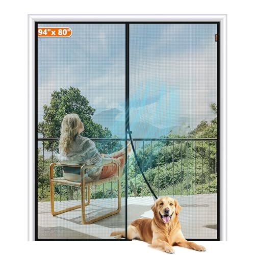Image of MAGZO Magnetic Screen Door Fits Door Size 94 inchx80 inch, Hands-Free Mesh Gray | 96 inchx81 inchHeavy Duty Door Screen Magnetic Closure & Windproof Fastener, Pet Friendly Entry Door Mesh Screen With Magnet