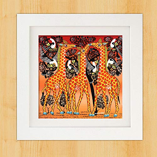ティンガティンガアート 『キリンの家族とアフリカの鳥～オレンジ～』 by ムワメディ Sサイズ 【木製額付】 No.6931のサムネイル
