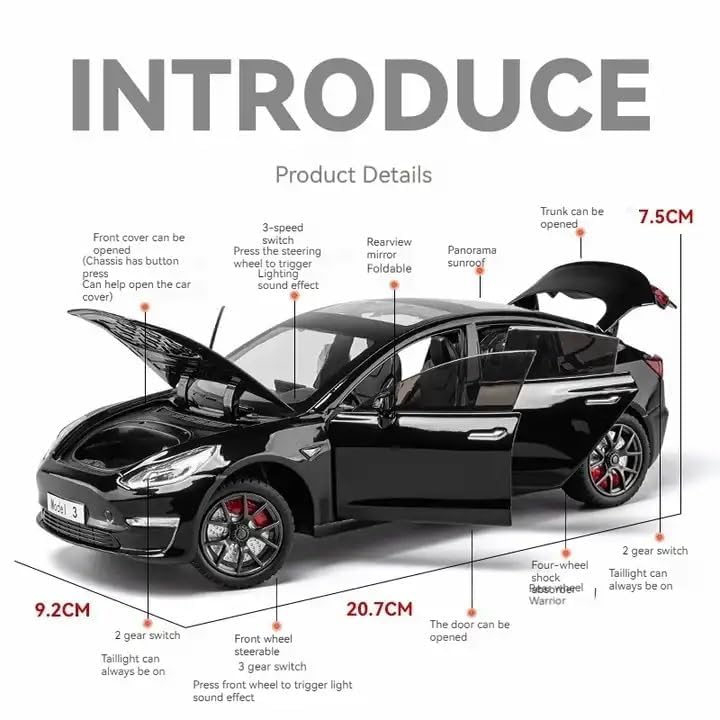 Image of 1:24 Scale Big Size Tesla Model 3 Toy Car | Metal Pullback Diecast Car for Kids with Openable Doors, Sound, Light Effects Toy for Car Enthusiasts (Color As Per Available), Black