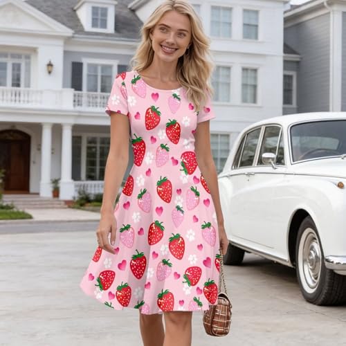 Image of AFPANQZ Summer Dresses for Women Casual T-Shirt Short Sleeve Dresses, Strawberry Paw Swing Flowy Beach Vacation Sundress for Vacation(S-4XL)