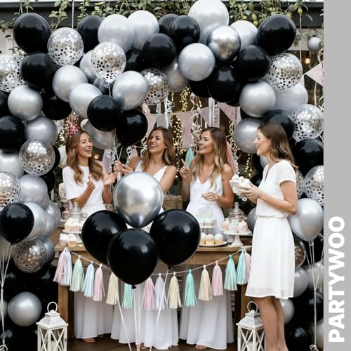 Image of PartyWoo Black and Silver Balloons 65pcs 12 Inch Matte Black Metallic Chrome Silver Confetti Balloons for Graduation Baby Shower Men Birthday Wedding Anniversary New Year's Eve Party Decorations