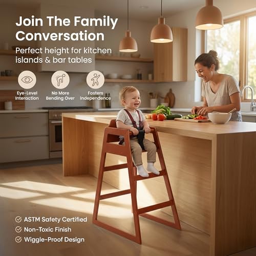 Image of Mahogany Wooden Bar Height Restaurant High Chair - Stackable Rubberwood Dining Chair for Bar Height Tables, Easy-Clean Finish, Commercial Restaurant Seating