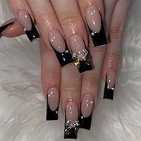 Vista 22 de Uñas postizas cuadradas a presión, acrílicas, francesas, con remolinos cortos, lindas uñas postizas azules para mujer, uso diario, uñas artificiales