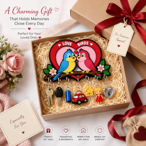 Image of Love Birds Wooden Key Holder for Wall | 7 Hooks Decorative Key Hanger for Home Entrance | Romantic Couple Bird Wall Decor | Key Stand Organizer | Housewarming, Gift