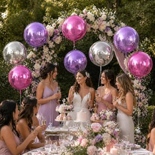 Image of 9 Pcs Pink Purple Silver Round Foil Balloons,22 Inch Round Balloons