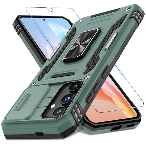 Coque Samsung S25/S24 Plus Antichoc Militaire à Cache Caméra Coulissant et Support Vert