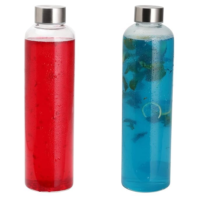 Image of SIMPARTE Borosilicate GlassWater Bottles 500ml with Sleeve - Set of 2 | Leak-Proof, Easy to Clean, Freezer Safe | Stainless Cap | Ideal for Office, Travel, School Use