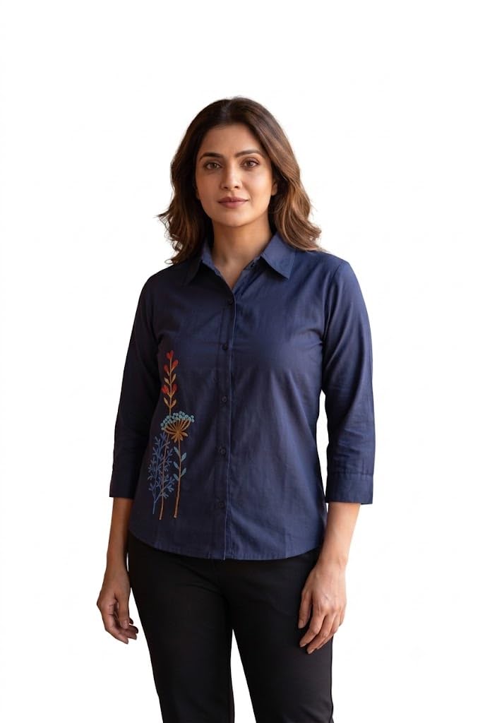 Women's Organic Cotton Floral Embroidered Shirt | Premium Blue Color Casual Button Down Shirt-image-27
