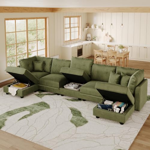 Image of LLappuil Modular Sectional Sofa with Storage, U-Shaped 7-Seat Corduroy Couch with 7 Throw Pillows, Pet-Friendly Convertible Sofa for Living Room & Apartment, Skin-Friendly, Green