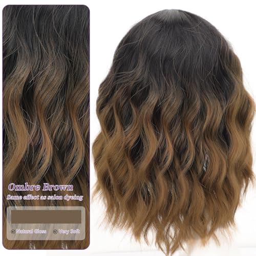 Image of AISI HAIR Ombre Brown Short Wavy Bob Wigs with Bangs for Women Ombre Brown Wavy Wig Natural Looking Resistant Fiber Synthetic Hair for Daily
