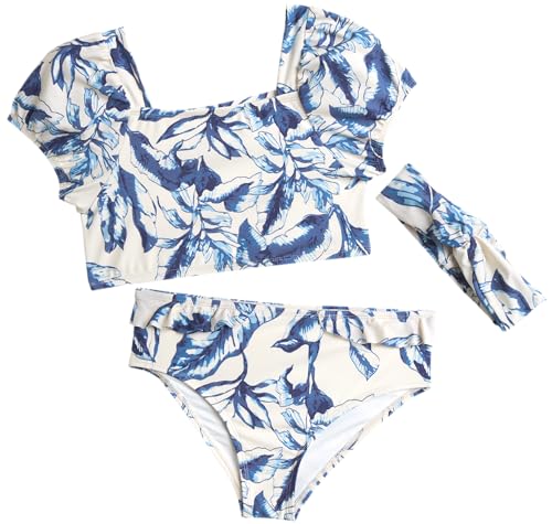 Jessica Simpson Girls Swimsuit Set - 3 Piece UPF 50+ Puff Sleeve Top, Bikini Bottom, Headband - Bathing Suit for Girls (S-XL)
