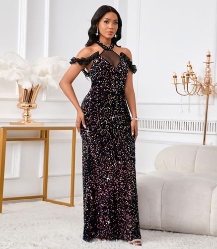 Image of Cololura Women Sexy Sequin Halter Neck Short Sleeve Mesh Perspective Party Bodycon Evening Cocktail Maxi Dress