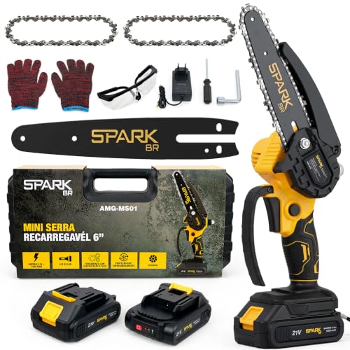 Mini Motosserra Elétrica SparkBR 6" Recarregável 21V 2 Baterias Maleta Corrente Extra Lubrificação LEDIndicador Trava Segurança Acessórios