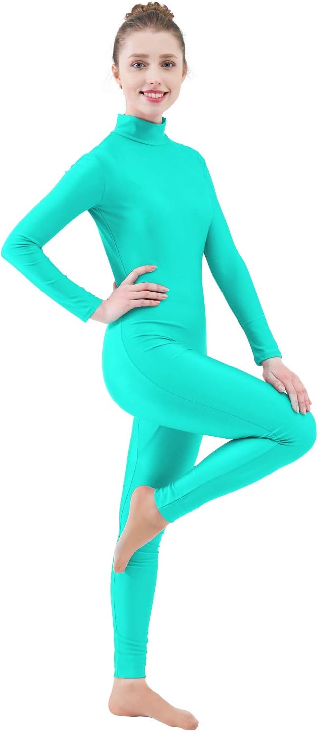 Ensnovo Womens Turtleneck Spandex Long Sleeve Front Zipper Footless Unitard