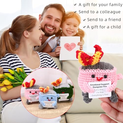 Image of RovyFota Emotional Support Crochet Dumpster Fire with Positive Card Cute Room Decor Knitted Toys Funny Crochet Support Buddies Gifts for Friends (Green&Pink&Blue)