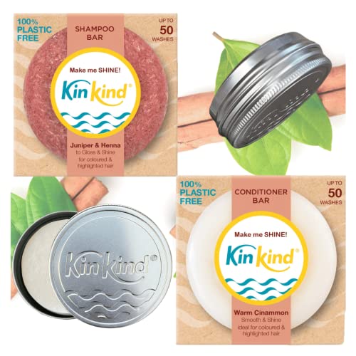 KinKind Make me SHINE! Travel Shampoo and Conditioner Bars. Up to 50 washes. Travel size shampoo toiletries Set including 2 shampoo bar tins. No leakage. Ideal for holidays gym & pool