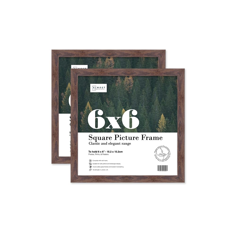 Almost Frameless 6x6 Walnut Picture Frame Set of 2, Display 6x6 Picture Gallery Wall, Poster, Photo, Artwork, or Print, Walnut, Square