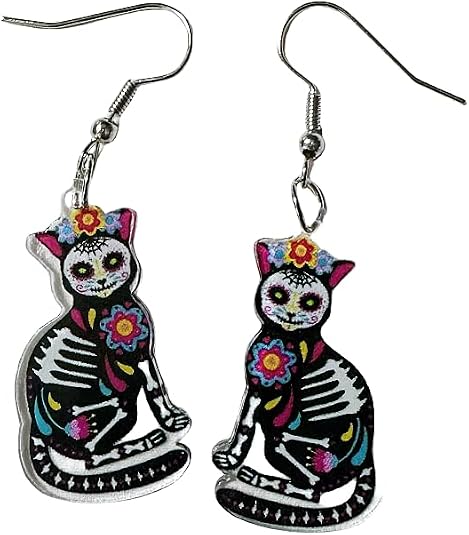 Halloween Mexico Day of The Dead Earrings for Women Acrylic Dangle Drop Sugar Skull Black Cat Earrings Funny Cosplay Festival Jewelry Costume Party Laser Skeleton Horror Accessories
