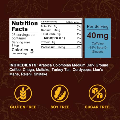 Orgnisulmte Premium Mushroom Coffee 4.58 Oz, Fresh Ground Colombian Instant Coffee with 7 Superfood Mushrooms Better Taste, Natural Ingredients Gluten Free, Vegan, Keto, Non-Gmo 130g - Image 6