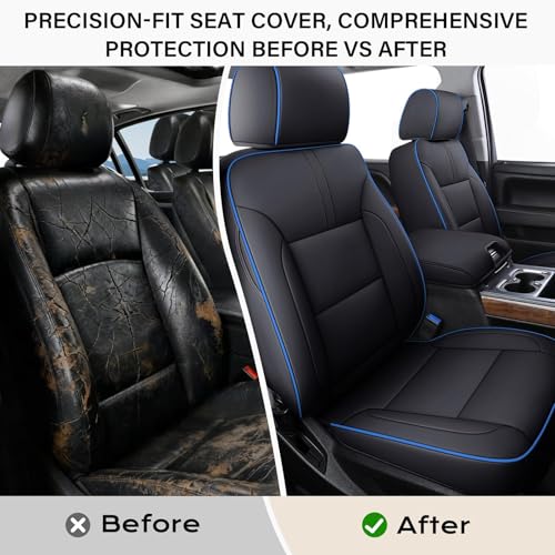 Image of Coverado Chevy Silverado Seat Covers, Faux Leather Seat Covers Fit for Chevy Silverado GMC Sierra 2007-2026 1500, 2015-2026 2500HD 3500HD Crew Double Extended Cab (Front,Blueline)