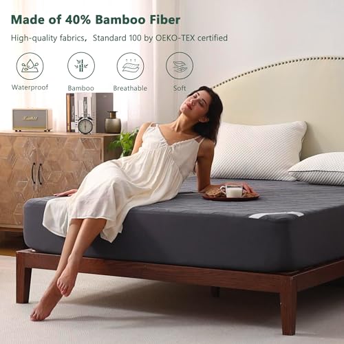 Protector de colchón impermeable King gris bambú 3D transpirable de bolsillo profundo 4