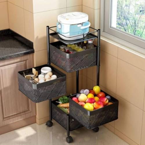 Image of Well Set Kitchen Trolley Square Onion Baskets for Storage, Kitchen Accessories Items and Vegetable Basket for Kitchen Organizer Items and Storage Portable with Wheels(Black,Layer-4)