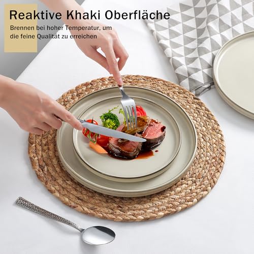 Homikit Geschirr Set, 18-tlg Steinzeug Geschirrset 6 Personen, Reaktive Glasur Tafelservice mit Dessertteller Müslischüsseln Speiseteller, Mikrowellen- und Spülmaschinenfest, Kratzfest, Stilvoll Khaki