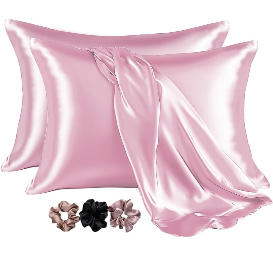 Go well Satin Silk Pillow Covers Pack of 2 for Hair and Skin-with Satin Scrunchies for Women Stylish|Satin Pillow Cover for Hair and Skin|scrunchies for Women 3-Piece|Silk Pillow case(Pink) 600TC