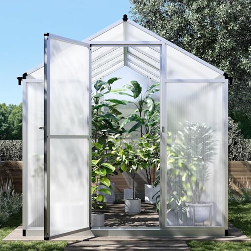 PioneerWorks 6.25 x 10 Ft Greenhouse for Outdoors with Quick Structure, Aluminum Alloy & Polycarbonate Green House with 24" x 23" Roof Windows Vent, Walk in Sunroom for Patio, Backyard, Garden,Silver
