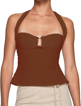 Women Sexy Tie Back Sweetheart Neck Halter Top Casual Sleeveless Criss Cross Strap Backless Ruched Crop Tank Top