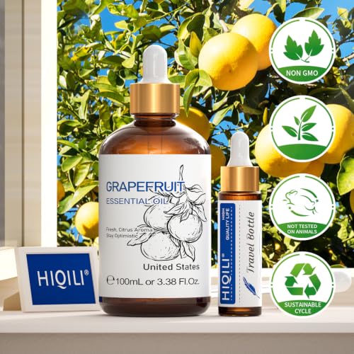 Image of HIQILI Grapefruit Essential Oil for Skin Care, DIY, Diffuser & Aromatherapy | Essential Oils with Travel Bottle for Candle & Soap Making, Fill Your Home with a Bright Citrus Scent -3.38 fl oz