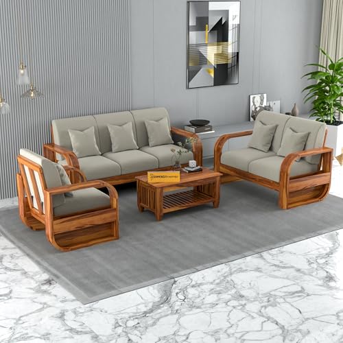Image of Solid Sheesham Wooden 6 Seater Sofa Set Without Coffee Table with Light Taupe Cushion for Living Room Furniture - Honey Finish (3+2+1)