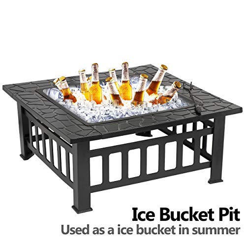 32 Inch Multifunctional Fire Pit Table Square Metal Fire Pit Stove Outdoor Warming Backyard Patio Garden Fireplace for Camping Barbecue Bonfire and Picnics, Black - Image 6