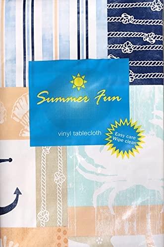 Summertime Nautical Sea Life And Symbols Patchwork Vinyl Tablecloth (52" X 90" Oblong) #TOP2