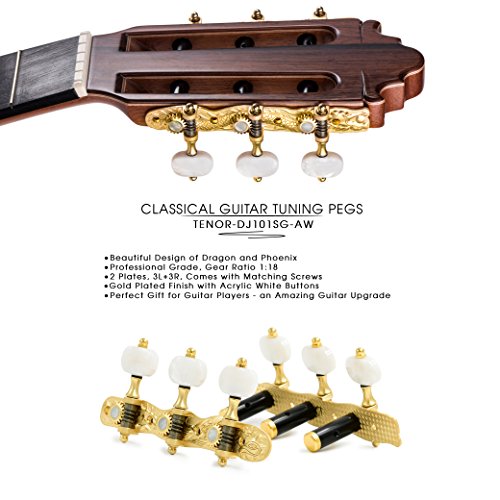 DJ101SG-AW TENOR Classical Guitar Tuners"Dragon and Phoenix" Professional Tuning Key Pegs/Machine Heads for Classical or Flamenco Guitar with Semi Gold Finish and White Buttons. - Thumbnail 4