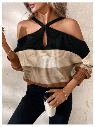 Image of GORGLITTER Women's Cold Shoulder Sweater Criss Cross Color Block Long Sleeve Pullover Tops Black and Brown Medium