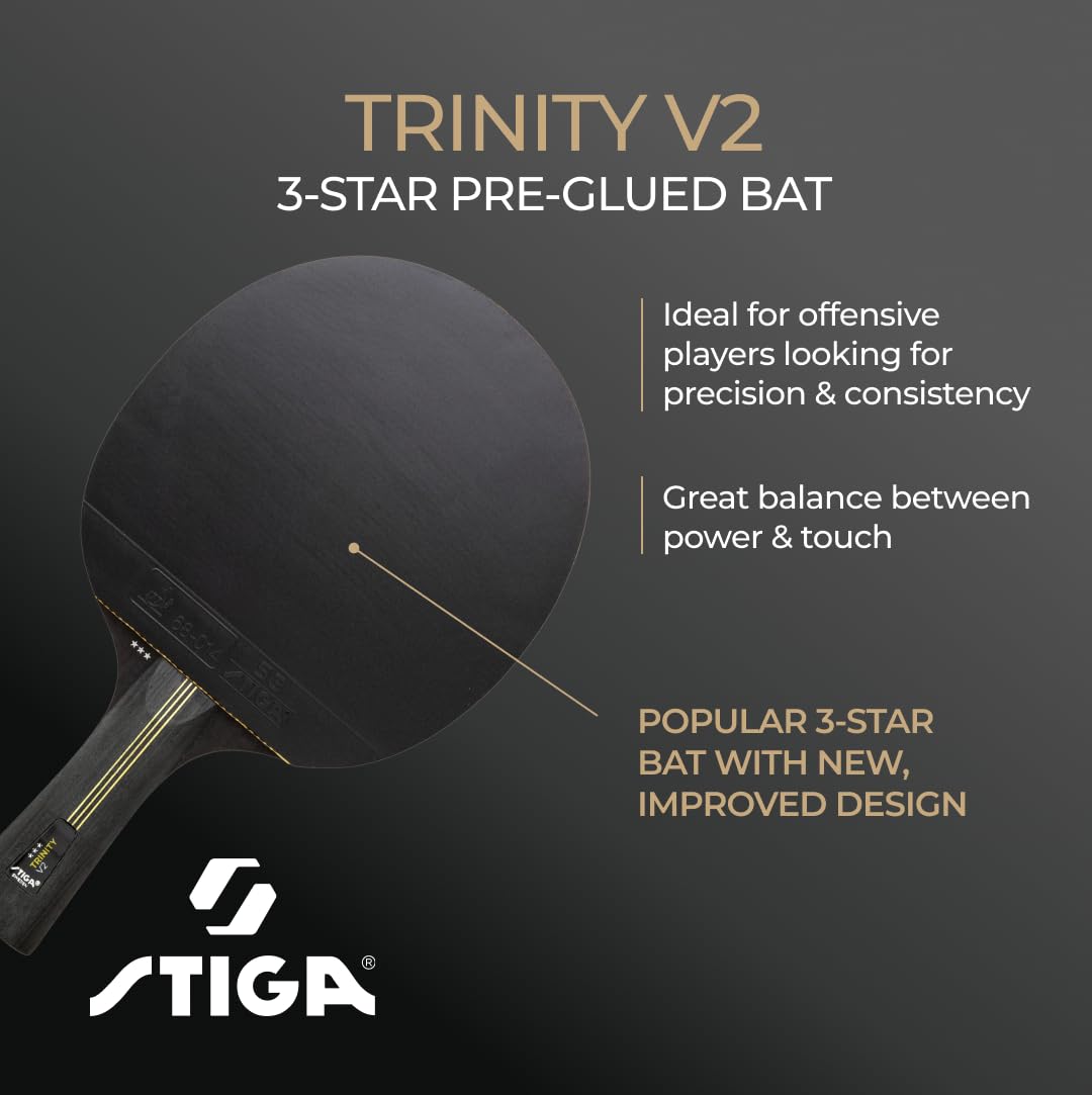 STIGA Trinity V2 Pala de Tenis de Mesa, Madera de 3 Estrellas, Goma aprobada por la ITTF, Mango Ergonómico, para Jugadores Ofensivos