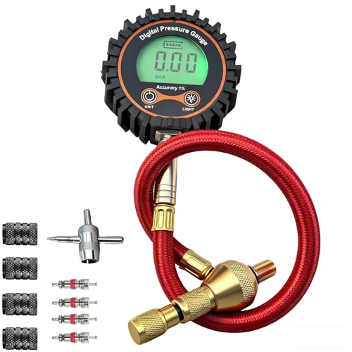 Image of SUVCARMPING 250 PSI Digital Tire Pressure Gauge, Heavy Duty Air Pressure Gauge (±1% Accurate) with LED Backlit LCD Screen, Integrated Bleeder Valve and 4-Way Valve Tool for Heavy Trucks RVs Cars, Red