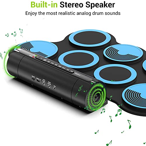 Paxcess Electronic Drum Set, 7 Drum Pads, Roll-Up Practice Electric Drum With Headphones Jack, Built-In Speakers Drum Set, Best Birthday Gift For Kids (Blue） #TOP1