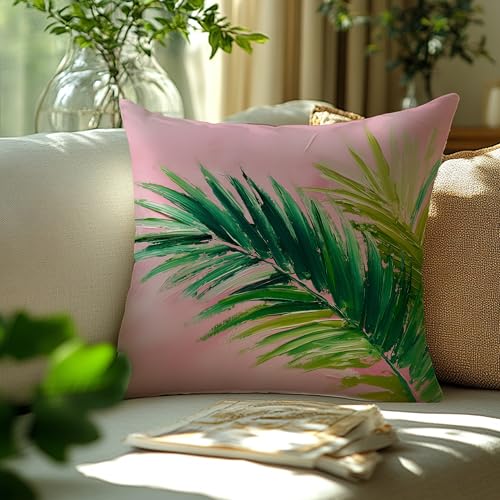 Image of Summer Pink and Green Tropical Palm Leaf Decorative Throw Pillow Cover Decor 18x18,Palm Leaf Botanical Decorative Lumber Beach Plant Throw Pillow Cover for Cabin Couch Double-Sided