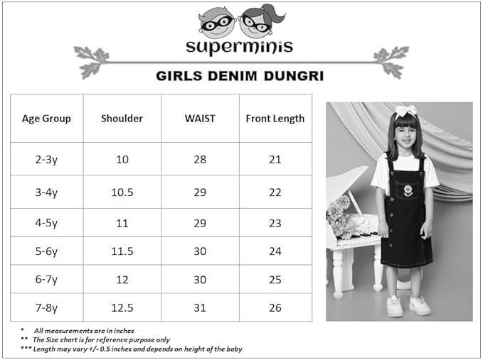 Image of superminis Girls Twill Denim Solid Color Dungree /Dress With Embroidered Pocket (1 Dress,1 Tee)
