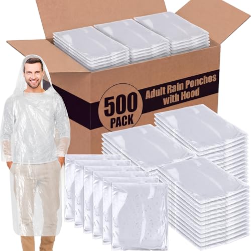 Handepo 500 Pack of Adult Rain Ponchos with Hood Bulk Disposable Plastic Ponchos Emergency Raincoat for Men Women Homeless by Handepo - Used condition - US$186.19