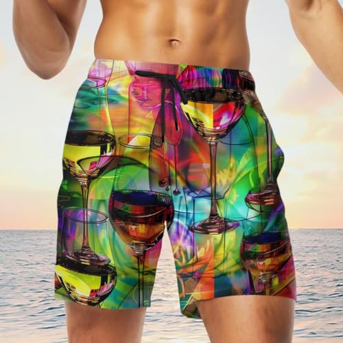 Wine Glass Mens Swim Trunks - Red Wine Hawaiian Mens Swim Short Beach Shorts TU-SH-373